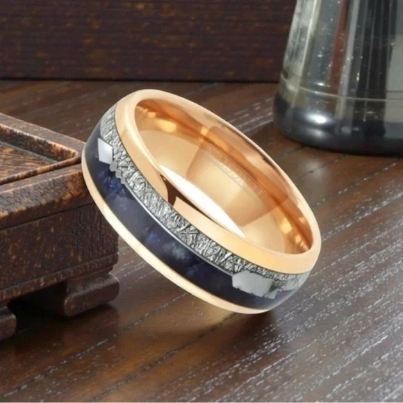 Genuine Rose Gold Tungsten Lapis Lazuli & Feathered Arrow Ring