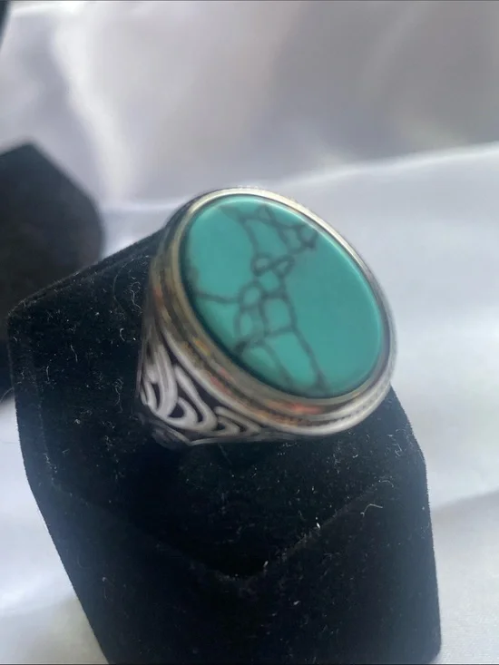 Turquoise Stone Silver-Tone Men's Statement Ring