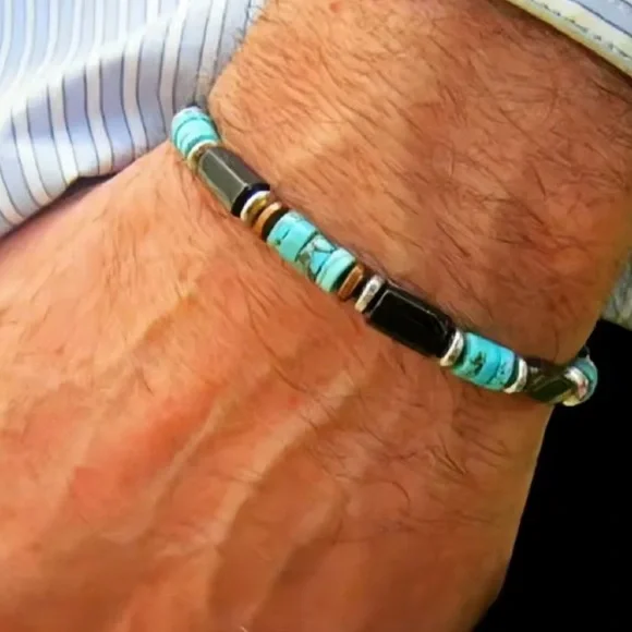 Men's Turquoise and Black Beaded Bracelet - Casual Everyday Style