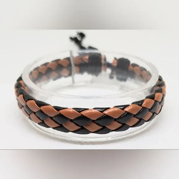 Men's bracelet leather braided checkered new brown e33‎