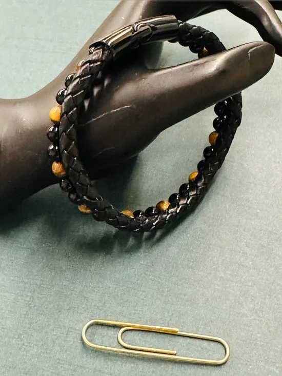 Tiger Eye Onyx Black Braided Leather Bracelet B10