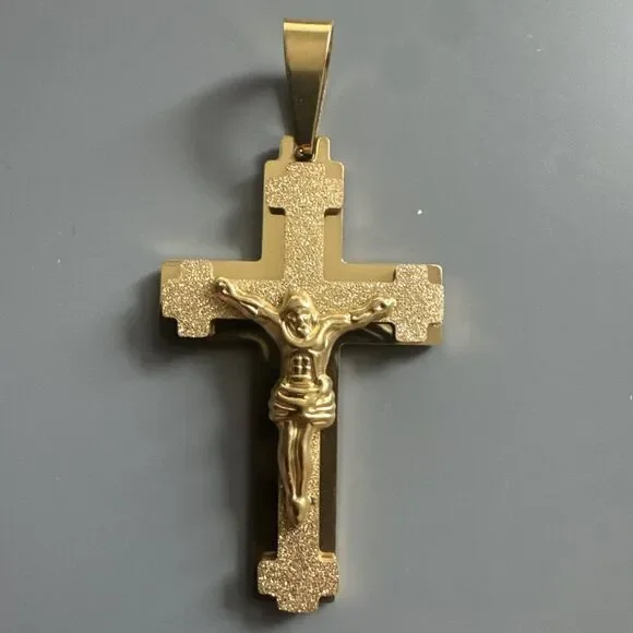 Gold Tone Cross Jesus Pendant 24” Chain Christ Stainless Steel Catholic Gift