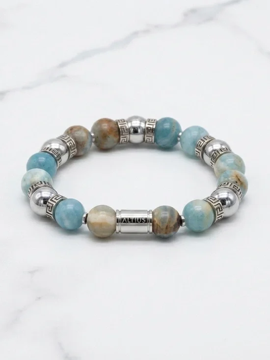 Blue Calcite Bracelet Men, 10mm Argentina Lemurian Aquatine Calcite Bracelet