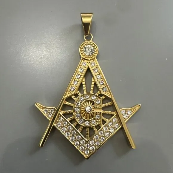 Free Mason Stainless Steel Freemason Symbol Masonic Pendant 24” Chain Gold Plate