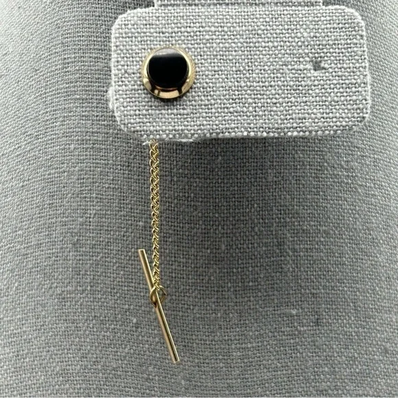 Men's Round Faux Black Stone Tie Tack with Gold Tone Chain Classic Elegant
