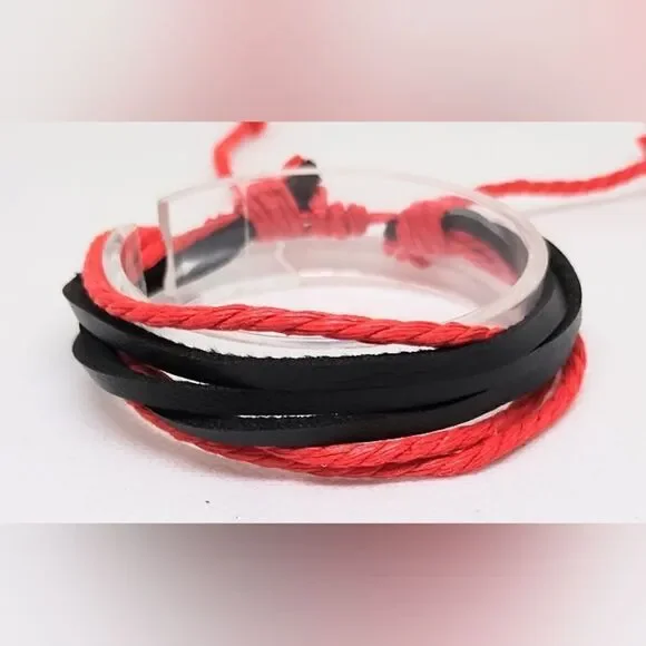 Men's bracelet‎ leather braided layered black red new e59