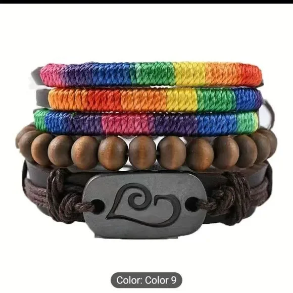 Men's leather bracelets‎ set layered beaded NWT c2
