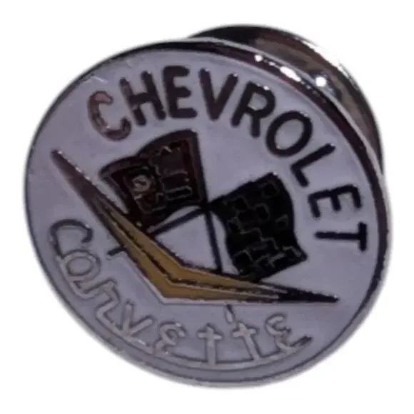Vtg 1990s Chevrolet Corvette White Enamel Racing Flag Detail Round Lapel Hat Pin