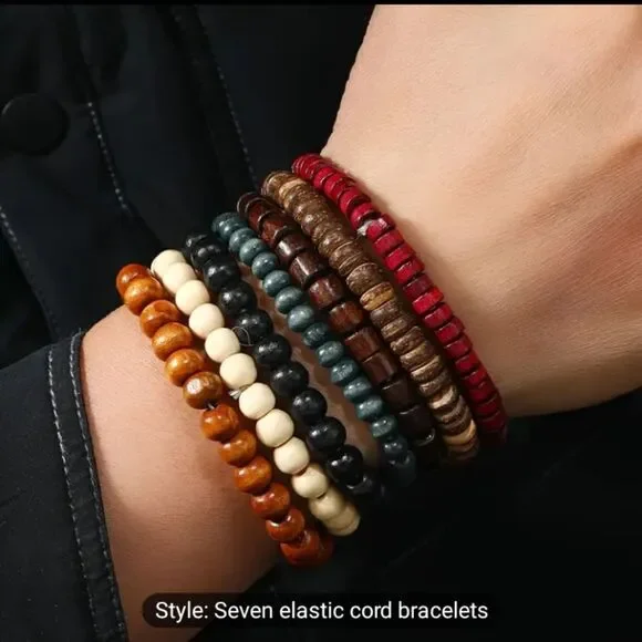Men's beaded‎ bracelets set 7pc black brown white new e65