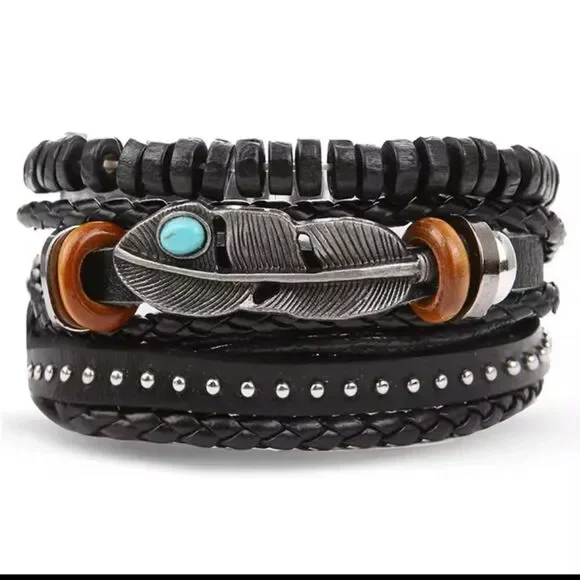 Men's leather bracelet set braided‎ layered beaded new e97