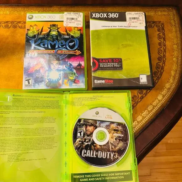 3 Video Games XBOX 360 Call of Duty, universe of war, kameo