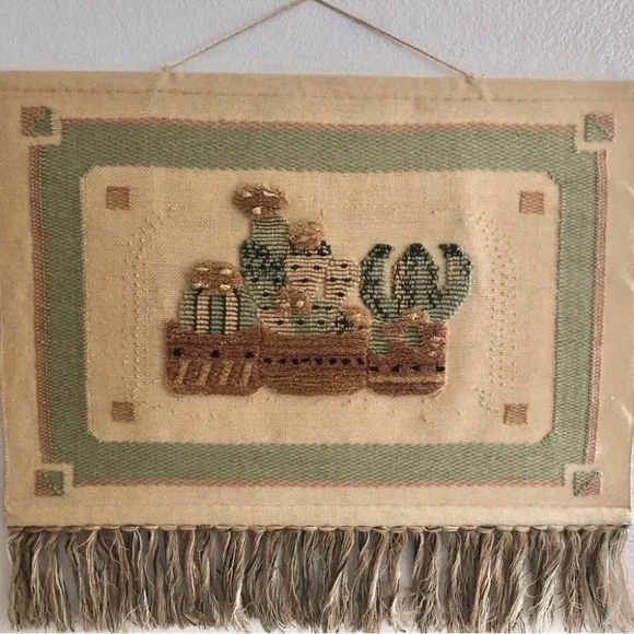 VTG. 1987 HandWoven Fiber Art BOHO Cactus Tapestry 49” RARE Wallhanging NEW