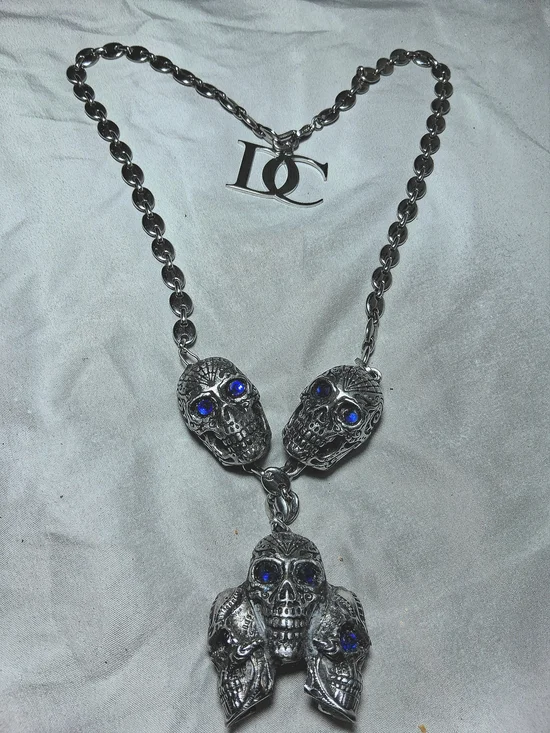 Stainless Steel Men's Skull Necklace with Blue Stone Eyes