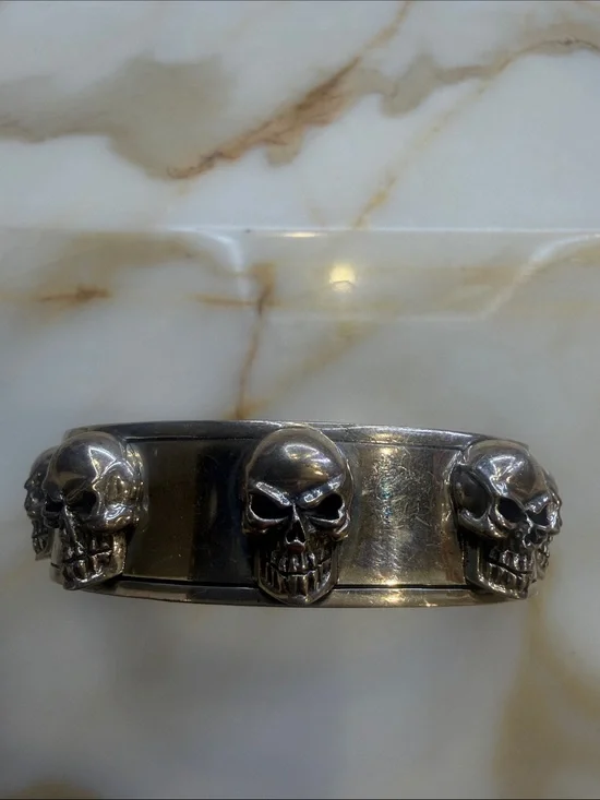 Men's Silver Skull Cuff Bracelet - Gothic Statement Bangle
