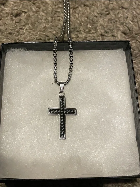 Men's Silver Cross Pendant Necklace with Black Inlay