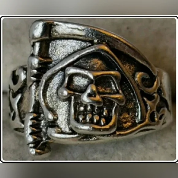 Silver Skull Ring Signet Biker Skull Demon Devil scythe