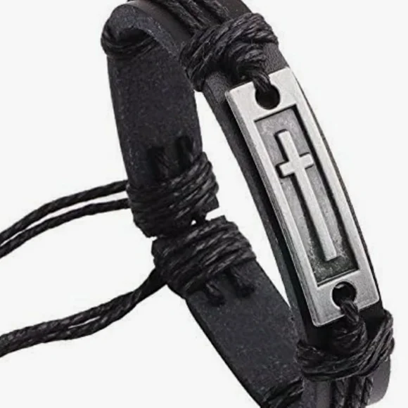 Black Leather Bracelet with Silver Cross