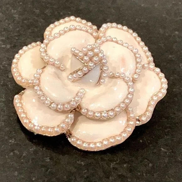 Camellia Lapel Pin in White Enamel with Faux Pearls & Gold Tone Bro-Brooch