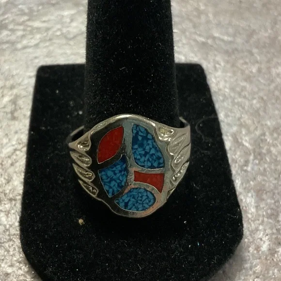 Silver Ring with Blue and Red Inlay