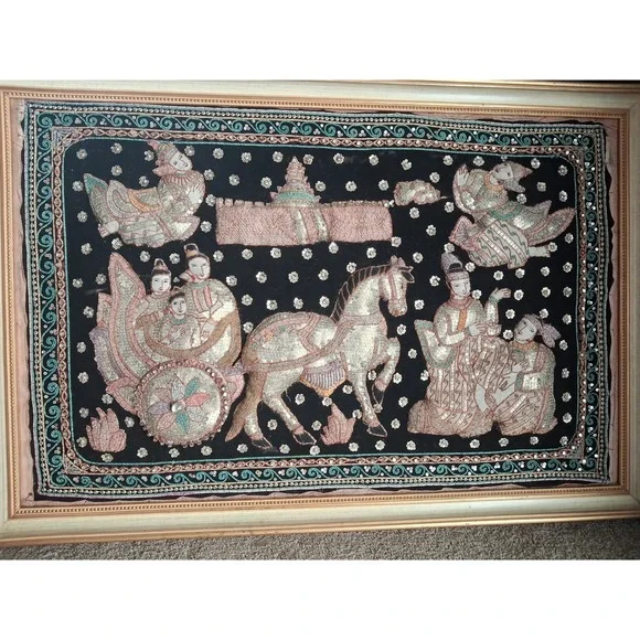 Vintage Thai Burma Myanmar Kalaga Tapestry Ramayana - Koi  Sequins