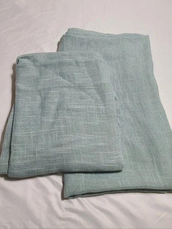 Set of 2 Curtain Panels Dual Rod Semi Sheer Linen Textured Polyester Seafoam