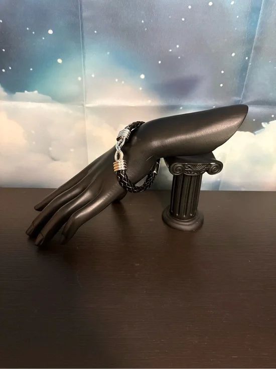 Men's Black Braided Faux Leather Bracelet with Silver tone magnetic clasp. New