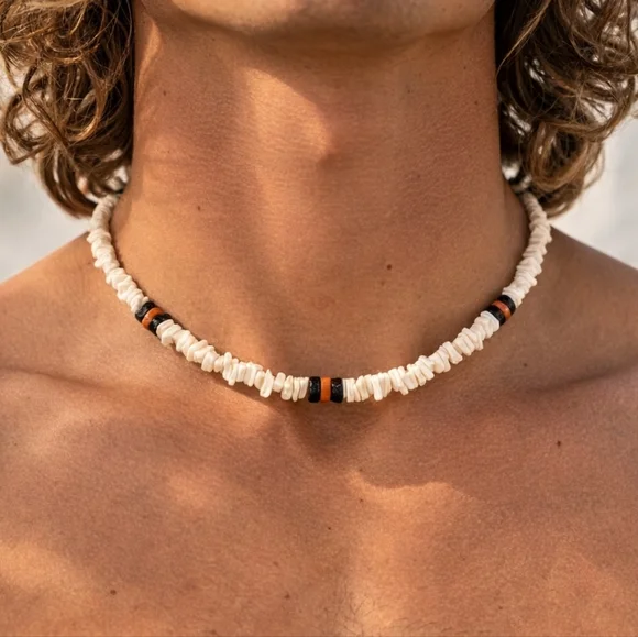 VINTAGE Puka Shell Necklace Brown White Surfer Choker 90s