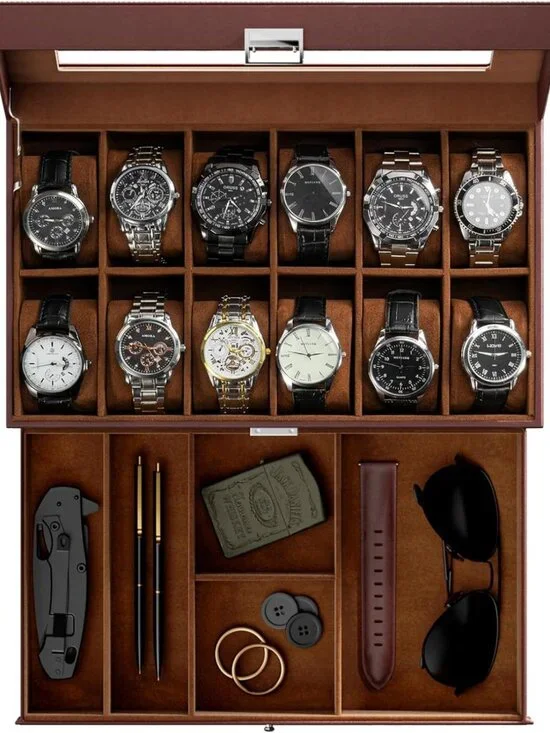 12-Slot Men's Watch Box Organizer with Drawer, Glass Lid - Perfect Gift for Dad