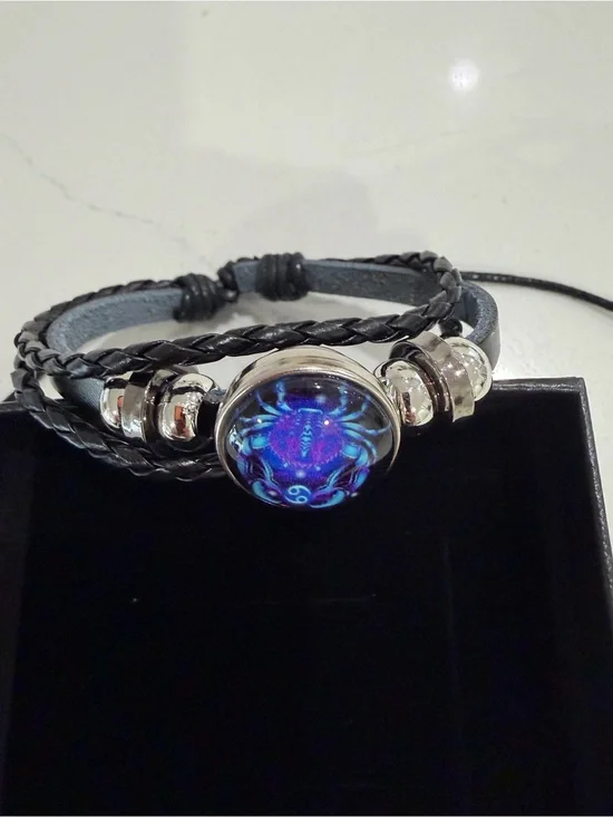 Spirilet Zodiac Black Braided Leather Bracelet with Blue Iridescent Cabochon
