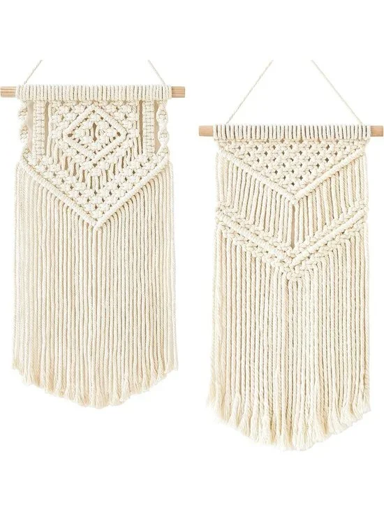 New 2 Pcs Small Macrame Wall Hanging Boho Cotton Tapestry 16.5 & 17.5 Inch