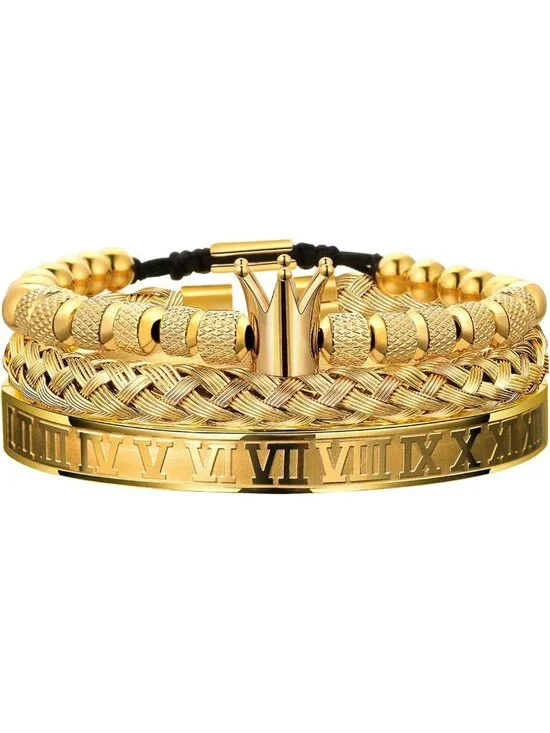 3PCS Men's Luxury Stainless Steel Bracelets Set - Gold Roman Numeral & Twisted