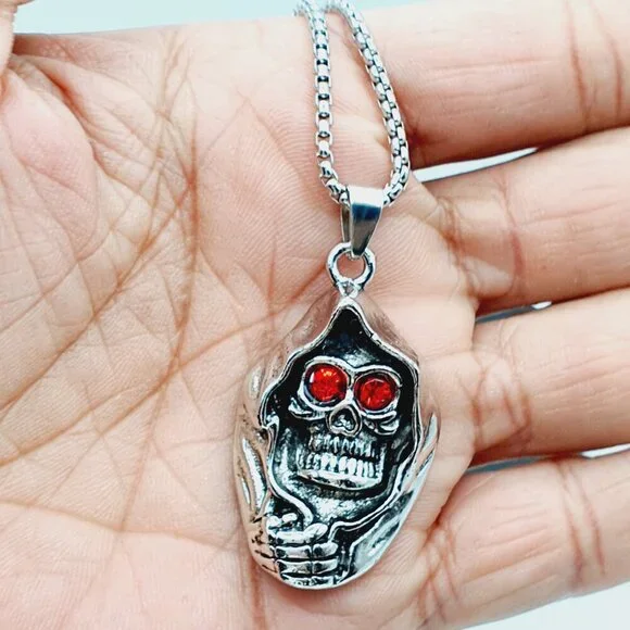 ❤️Surgical punk ghost head ruby skull necklace, N90201P110