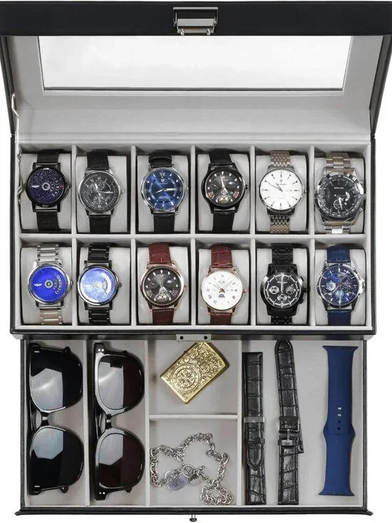 12-Slot Men's Watch Box Organizer with Drawer & Glass Lid - Jewelry Storage Gift