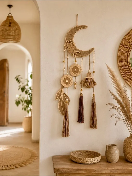 Natural Jute Moon Wall Hanging - Boho Home Wall Decor, Handmade Nursery Decor