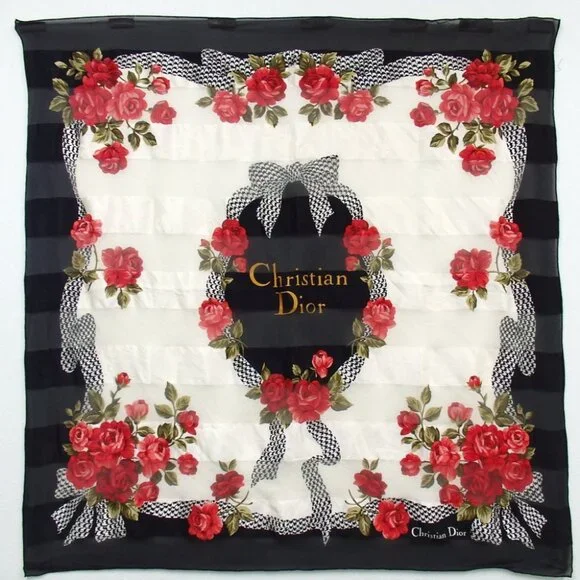 Authentic Christian Dior Rose pattern scarf silk [Used]