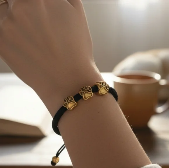 Gold Toned BEAR PAW Beaded BLACK Cord Pull Style BRACELET Unisex