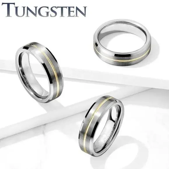 Brushed Finish Gold Groove‎ Beveled Edges Tungsten Carbide Ring. Size 10 6mm