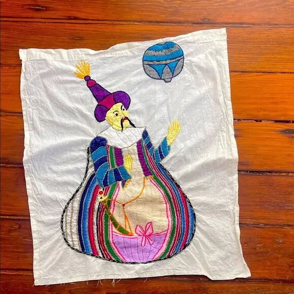 Vintage Handmade Embroidered Jester Textile Art Tapestry