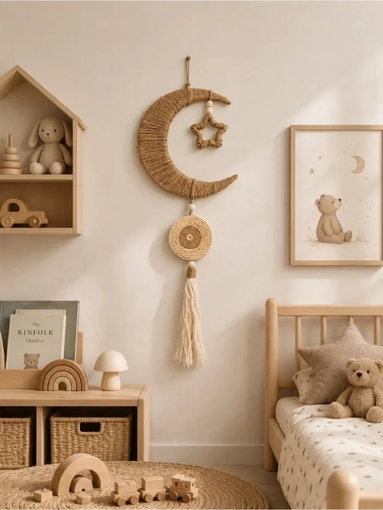 Boho Crescent Moon Wall Hanging in Natural Beige, Nursery wall decor