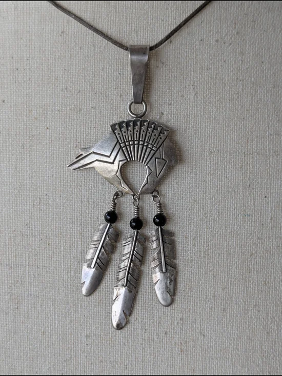 Vintage Myron Panteah Sterling Native American Bear & Feather Pendant + 24