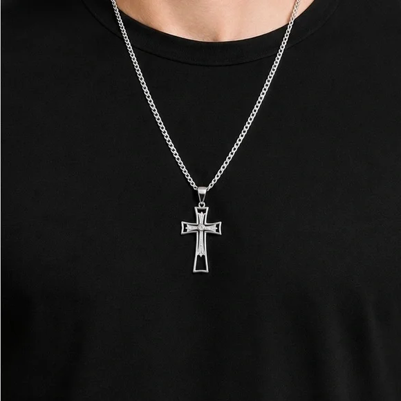 925 Sterling Silver Cubic Zirconia Cross Pendant Necklace - Silver Jewelry 24”