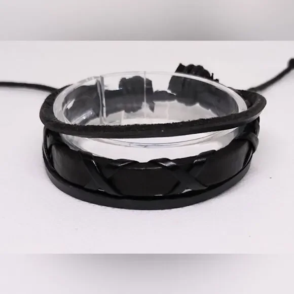 Men's bracelet‎ leather braided layered black new e7