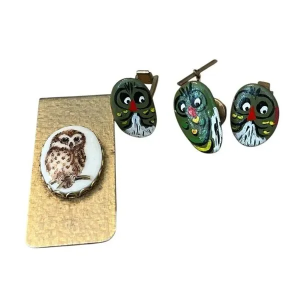 Vtg Hand Painted Owl Cuff Links Tie Pin and Metal Money Clip Set Lot