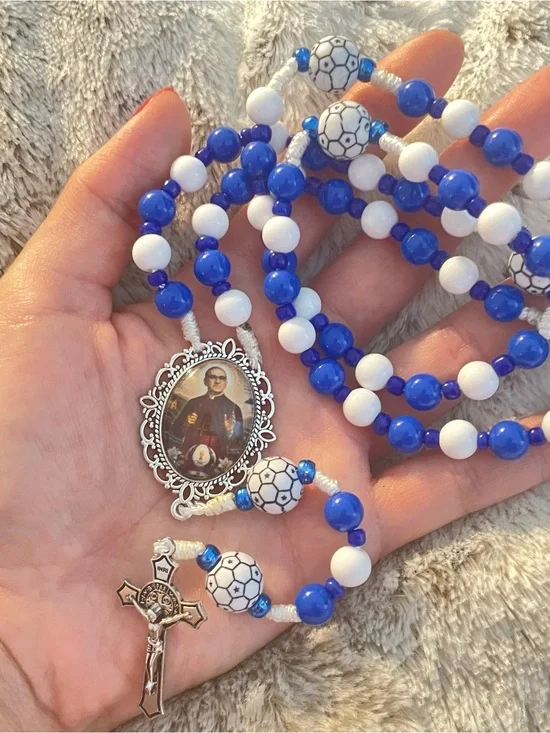 Blue and White Beaded Rosary Necklace with Saint Medallion