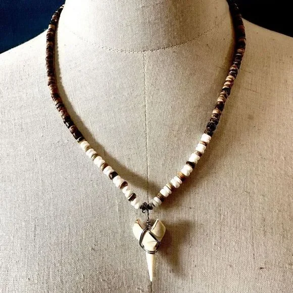 Shark tooth wood and shell beaded necklace