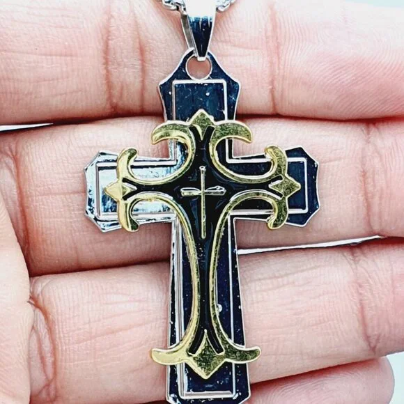 ❤️ Stainless Steel Retro Layered Cross Necklace , N90201P120