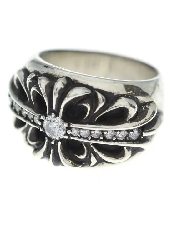 Chrome Hearts Flrl Crs P Dmnd Floral Black Sling Pave Diamond Silver Ring