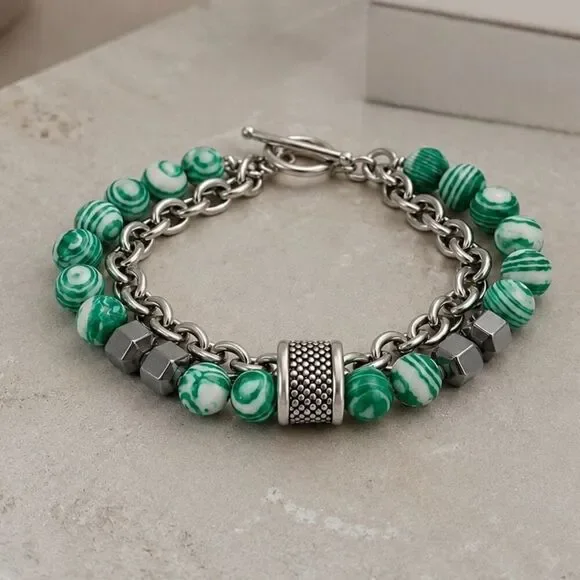 Green & White Double Strand Beaded Chain Bracelet