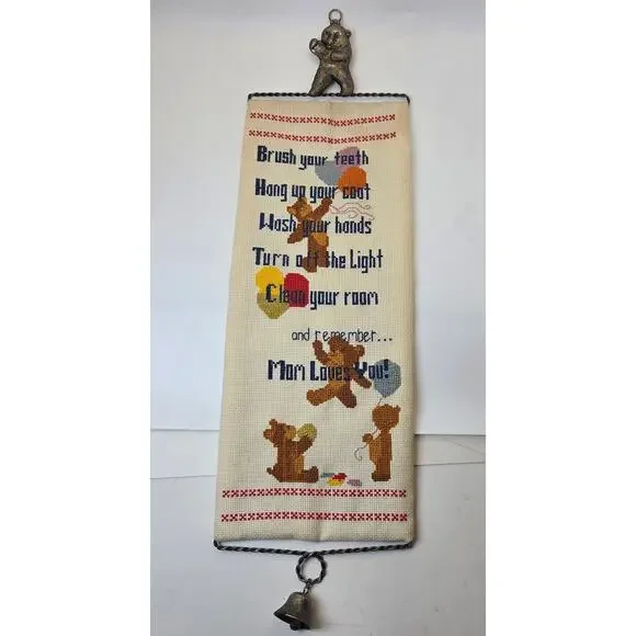 Vintage Teddy Bear Needlepoint Wall Hanging Bell Mom Loves You Nursery Decor