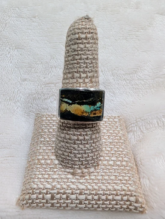 Sterling Silver Rectangular Blackjack Turquoise Inlay Men's Ring